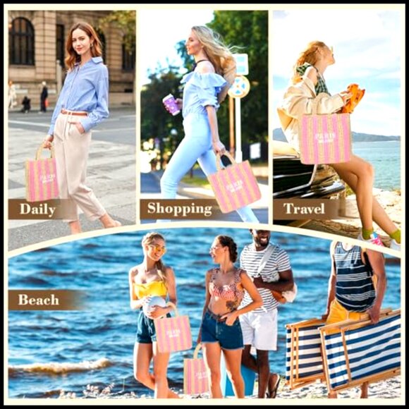 Woven Straw Tote Bag Packable Summer Beach Vacation Boho Chic Handbag - Picture 2 of 7